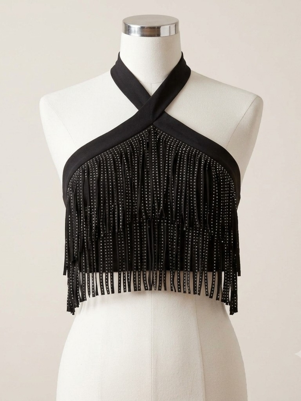 NWOT Black Rhinestone Fringe Halter Crop Top  (0115)